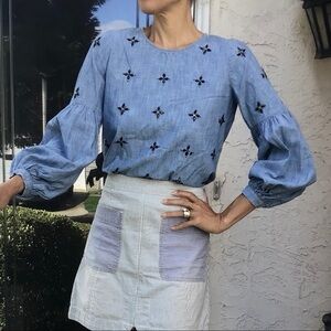 Balloon sleeve jewel denim top